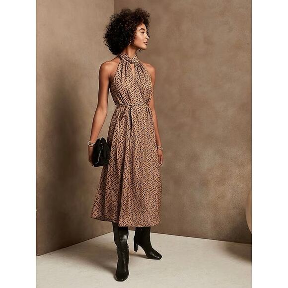 Banana Republic Brown Silky Satin Sleeveless Leopard Print Midi A Line Dress XS - Picture 1 of 8